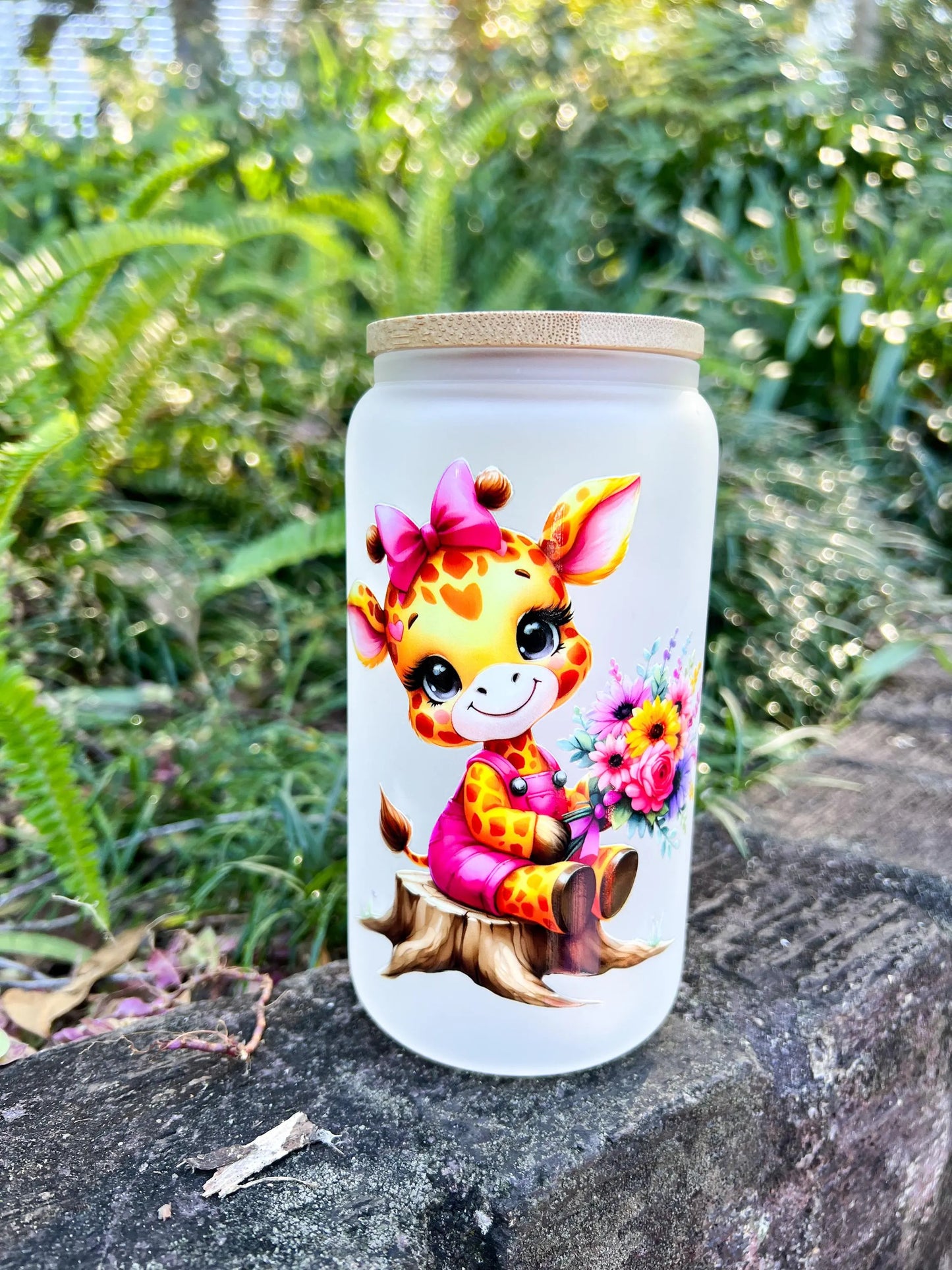 Adorable Giraffe Glass Tumbler with Bamboo Lid and Straw - 16oz Reusable Cup