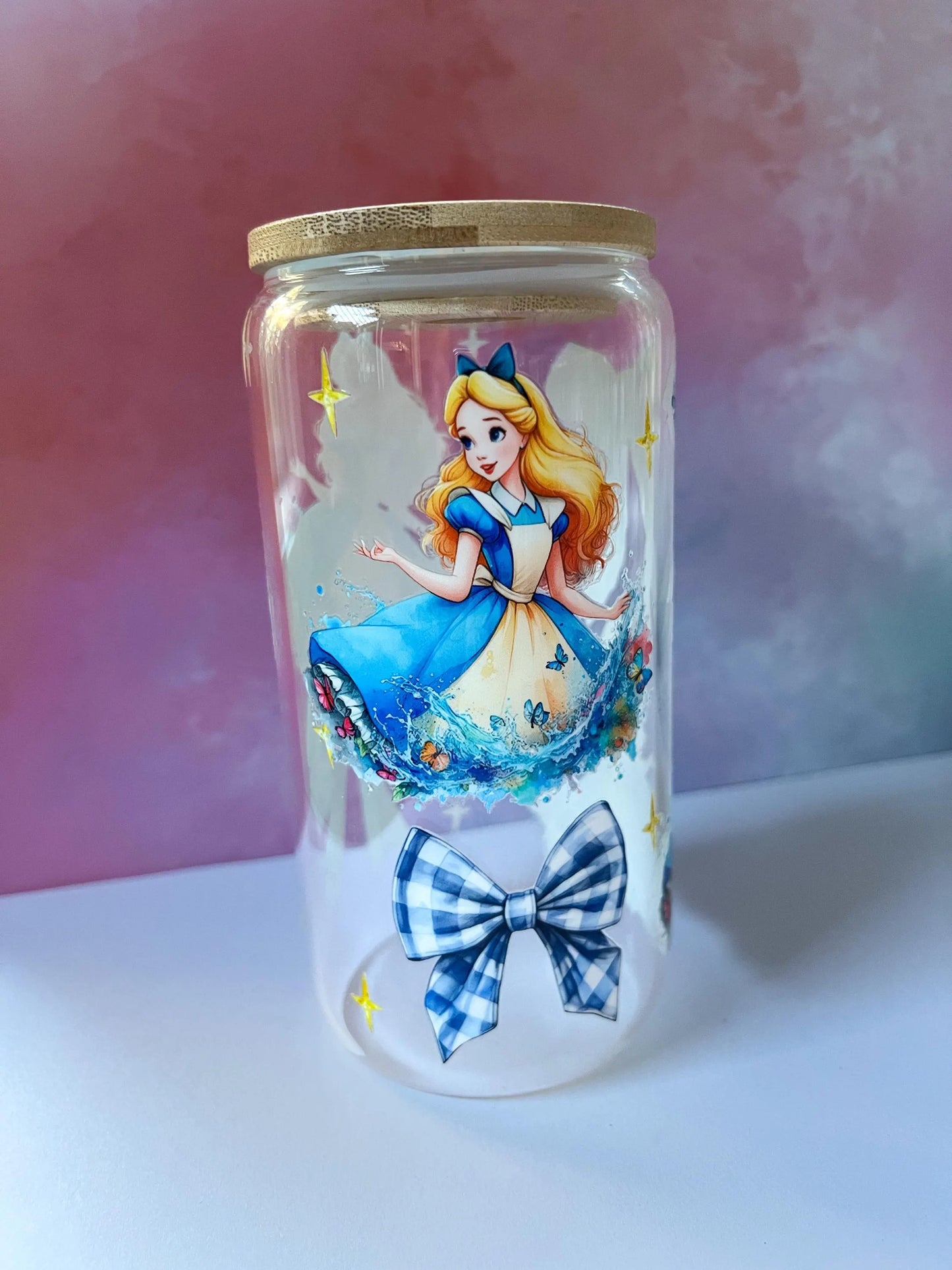 Whimsical Blue Bow 16oz clear glass tumbler