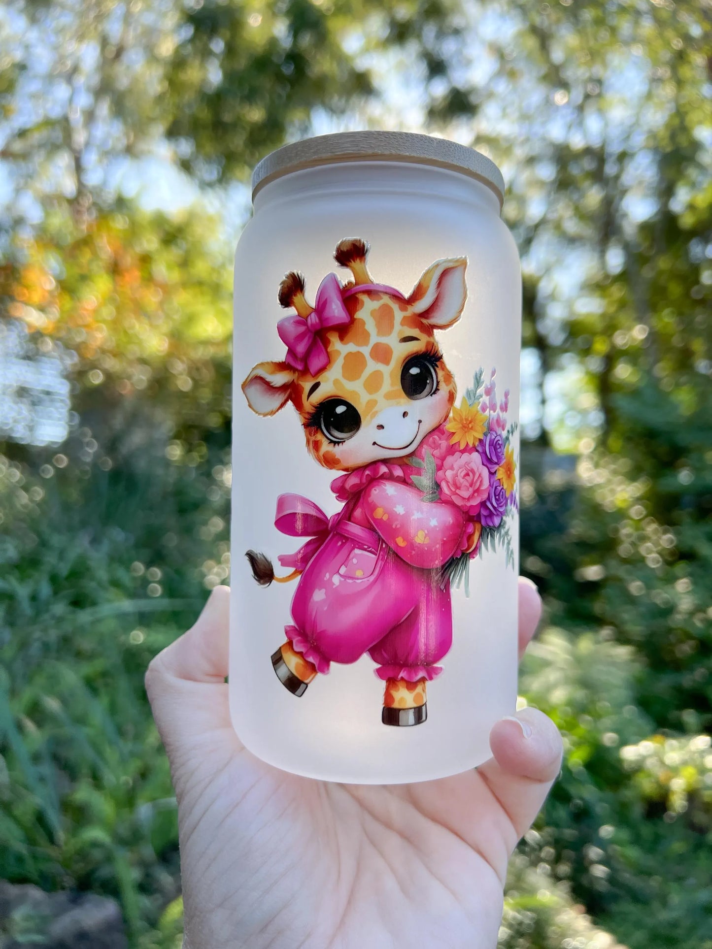 Adorable Giraffe Glass Tumbler with Bamboo Lid and Straw - 16oz Reusable Cup