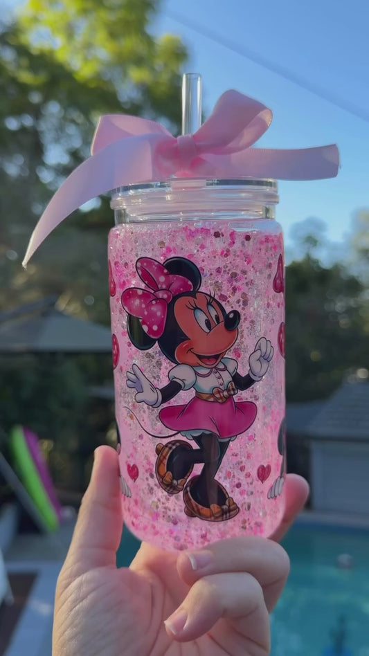 Magical Minnie Pink Glitter Snow Globe Tumbler – 16oz Acrylic | Suspended Glitter Flow
